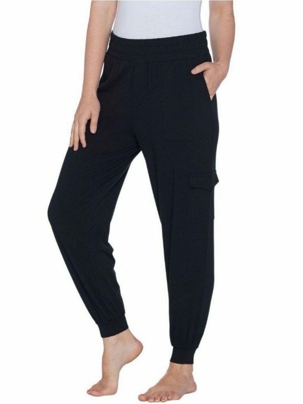 AnyBody Cozy Knit Cargo Jogger Pants Black Pockets